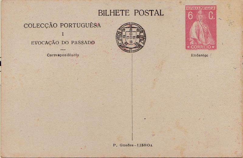 0423 v.jpg -     Lote:    423 (verso)                   Descrição:         1921 &mdash; Ceres. Bilhetes Postais Particulares. Coleção Portuguesa. OM5, 6C rosa escuro (n.º 1 &mdash; Evocação do passado). Novo.        IN       Valor Base:     &euro; 12,00     Valor Venda:     &euro;      